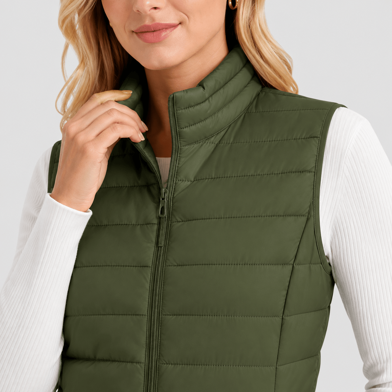 Army Green MAGCOMSEN Women's Lightweight Puffer Vest with 4 Pockets & Stand Collar in #Color_Army Green