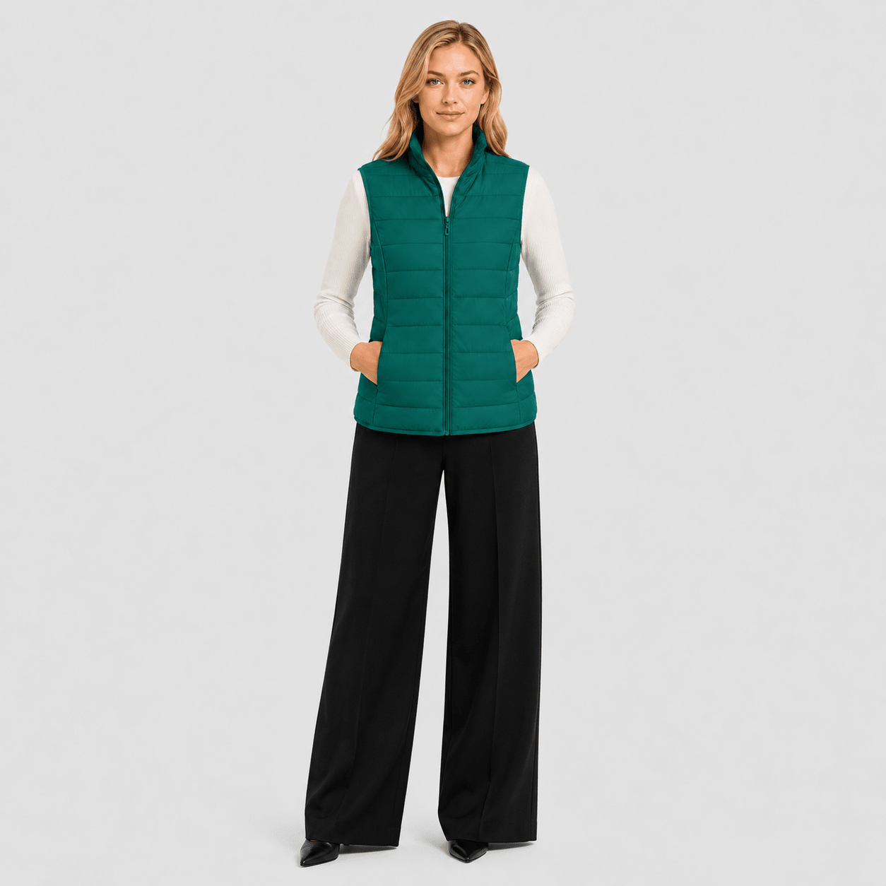 Emerald Green MAGCOMSEN Women's Lightweight Puffer Vest with 4 Pockets & Stand Collar in #Color_Emerald Green