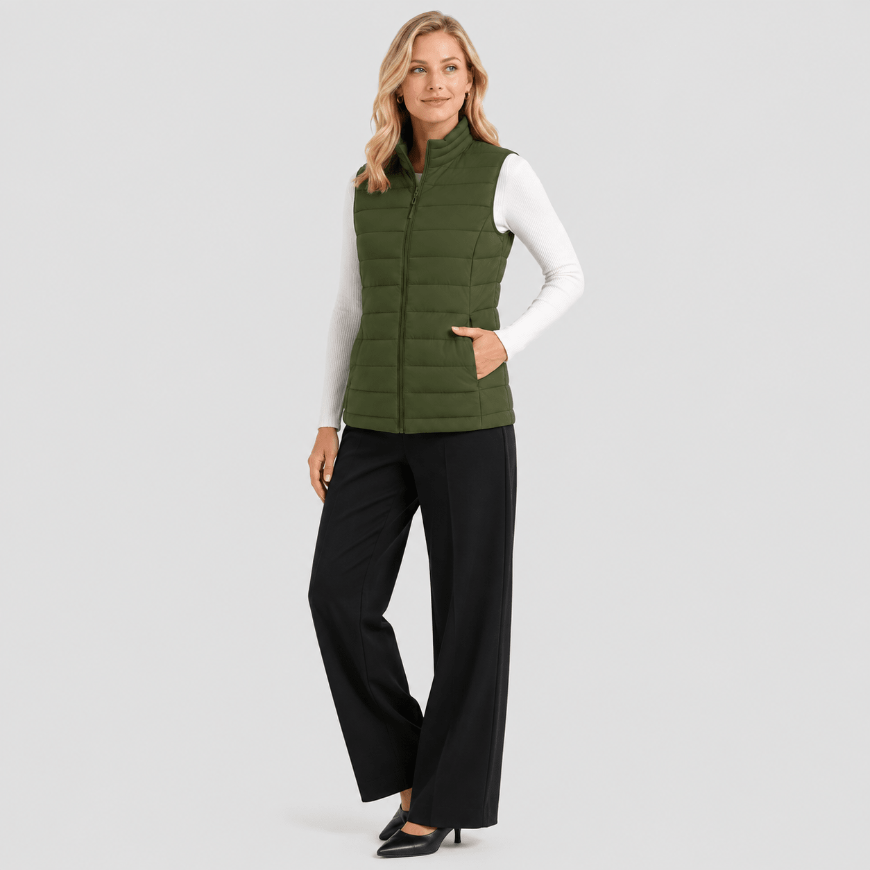 Army Green MAGCOMSEN Women's Lightweight Puffer Vest with 4 Pockets & Stand Collar in #Color_Army Green