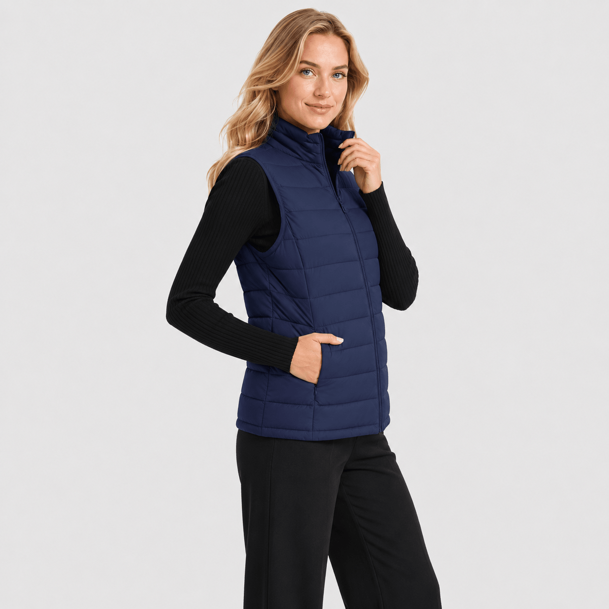 Navy MAGCOMSEN Women's Lightweight Puffer Vest with 4 Pockets & Stand Collar in #Color_Navy