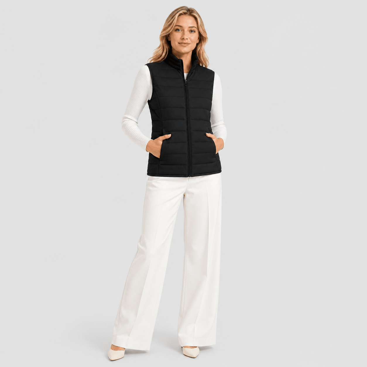Black MAGCOMSEN Women's Lightweight Puffer Vest with 4 Pockets & Stand Collar in #Color_Black