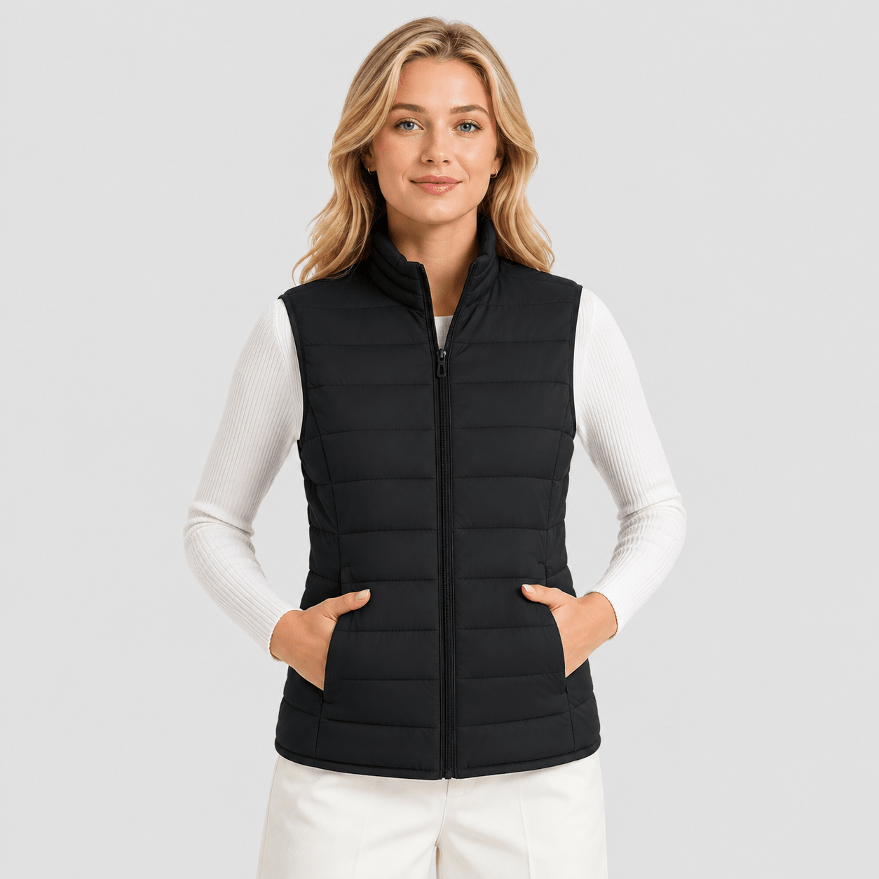 Black MAGCOMSEN Women's Lightweight Puffer Vest with 4 Pockets & Stand Collar in #Color_Black