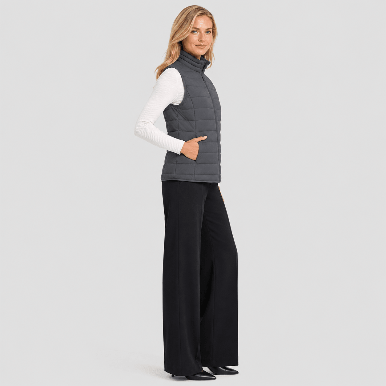 Dark Grey MAGCOMSEN Women's Lightweight Puffer Vest with 4 Pockets & Stand Collar in #Color_Dark Grey