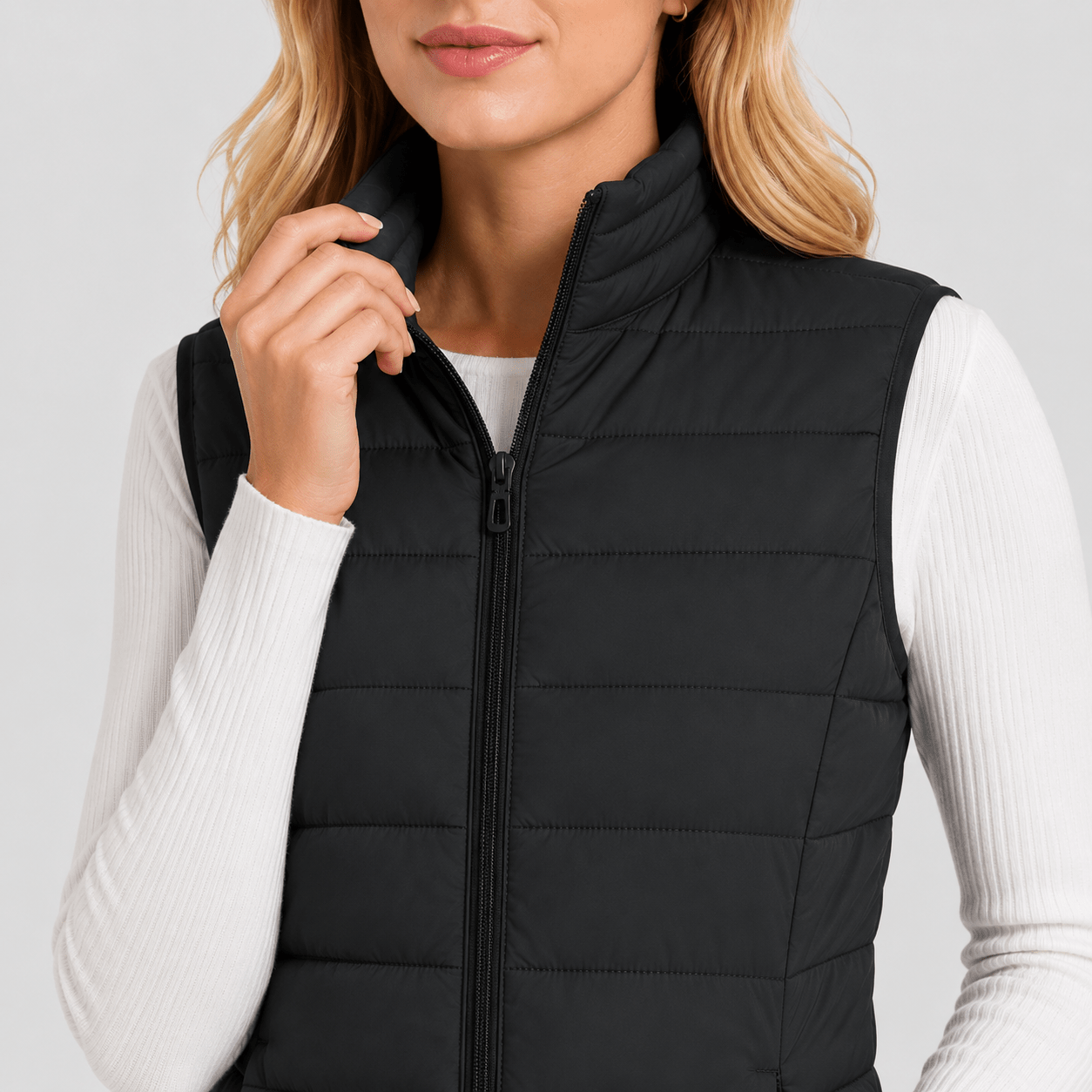 Black MAGCOMSEN Women's Lightweight Puffer Vest with 4 Pockets & Stand Collar in #Color_Black
