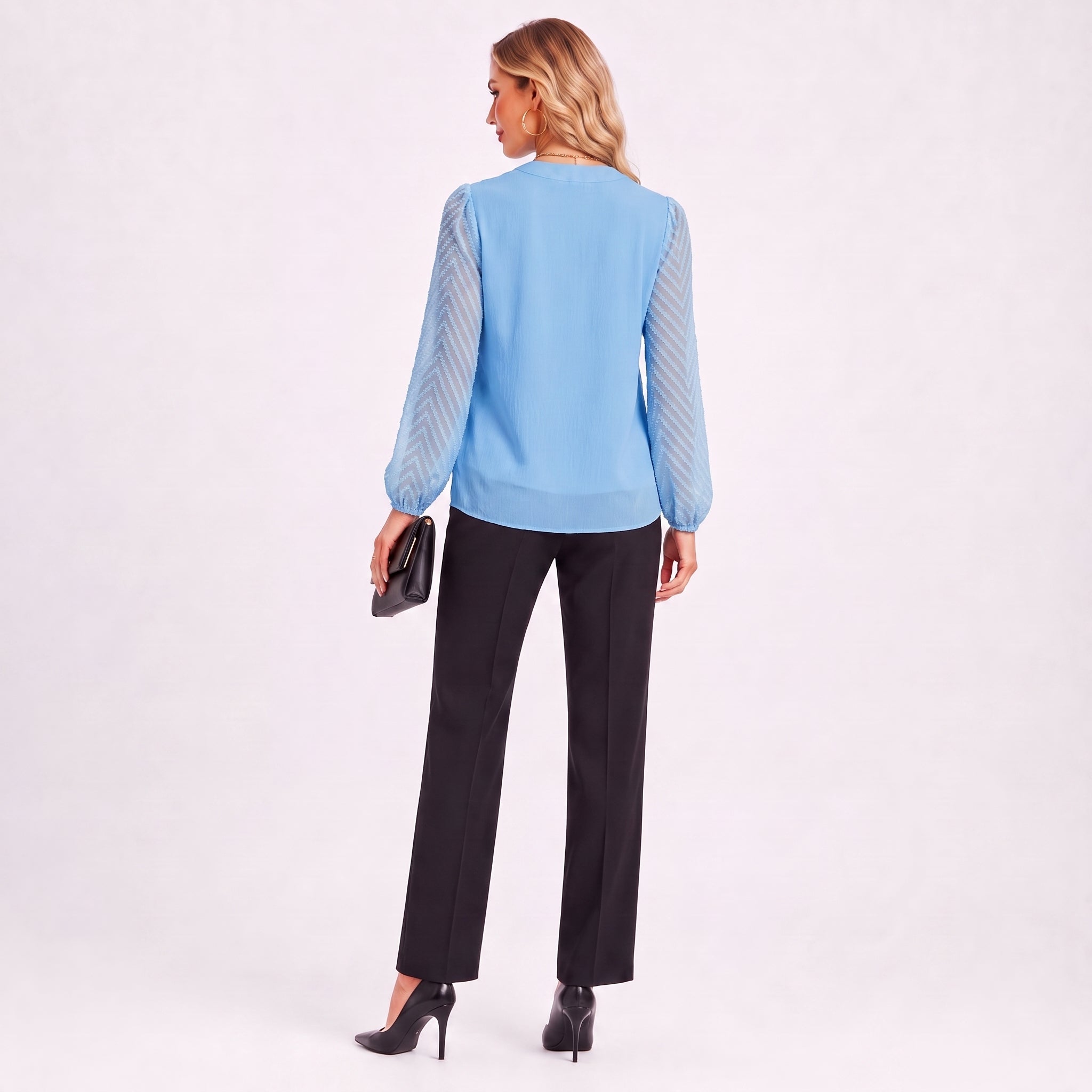 Women's Mixed-Media Chiffon Blouse - Lightweight Dressy Top Light Blue by MAGCOMSEN