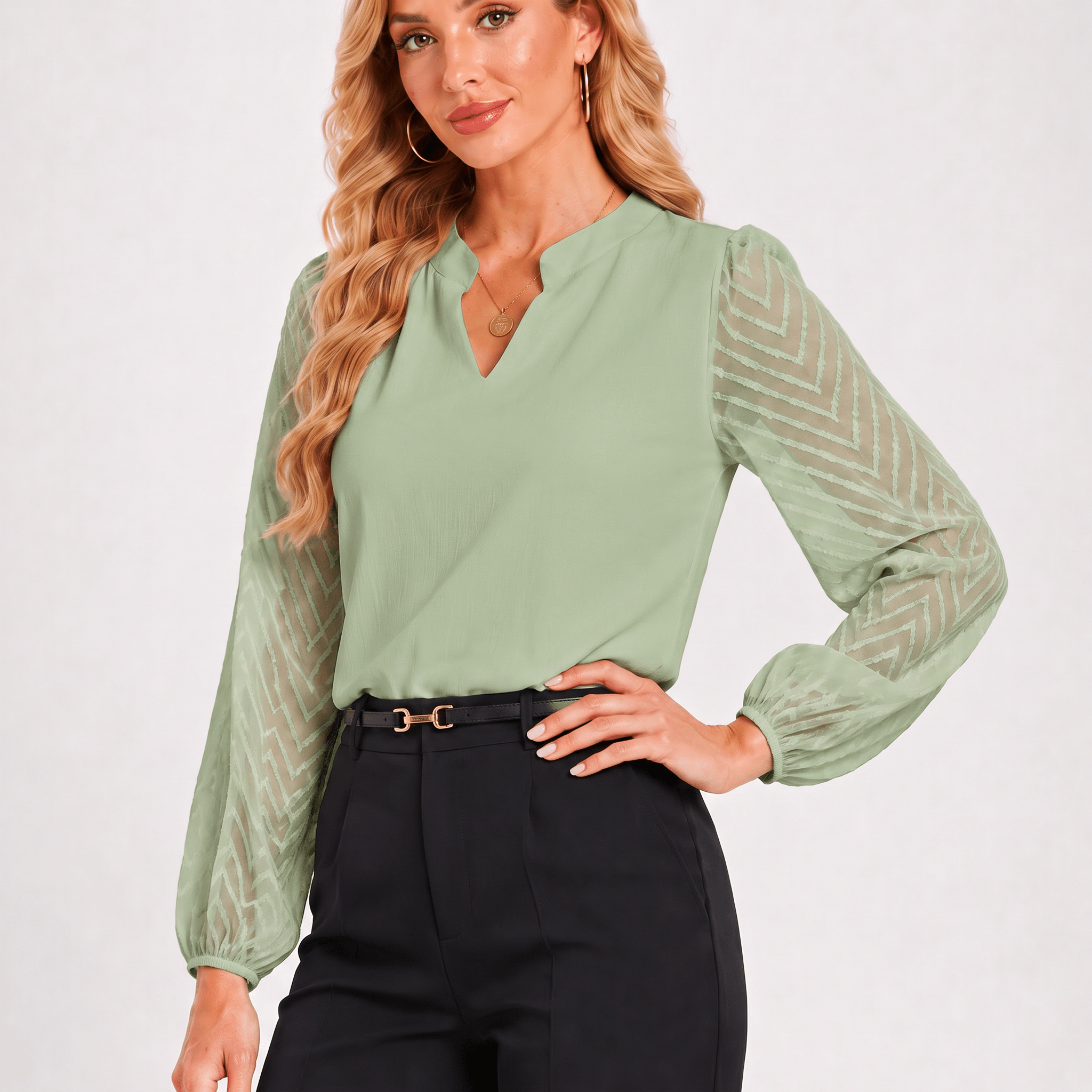 Women's Mixed-Media Chiffon Blouse - Lightweight Dressy Top Green by MAGCOMSEN