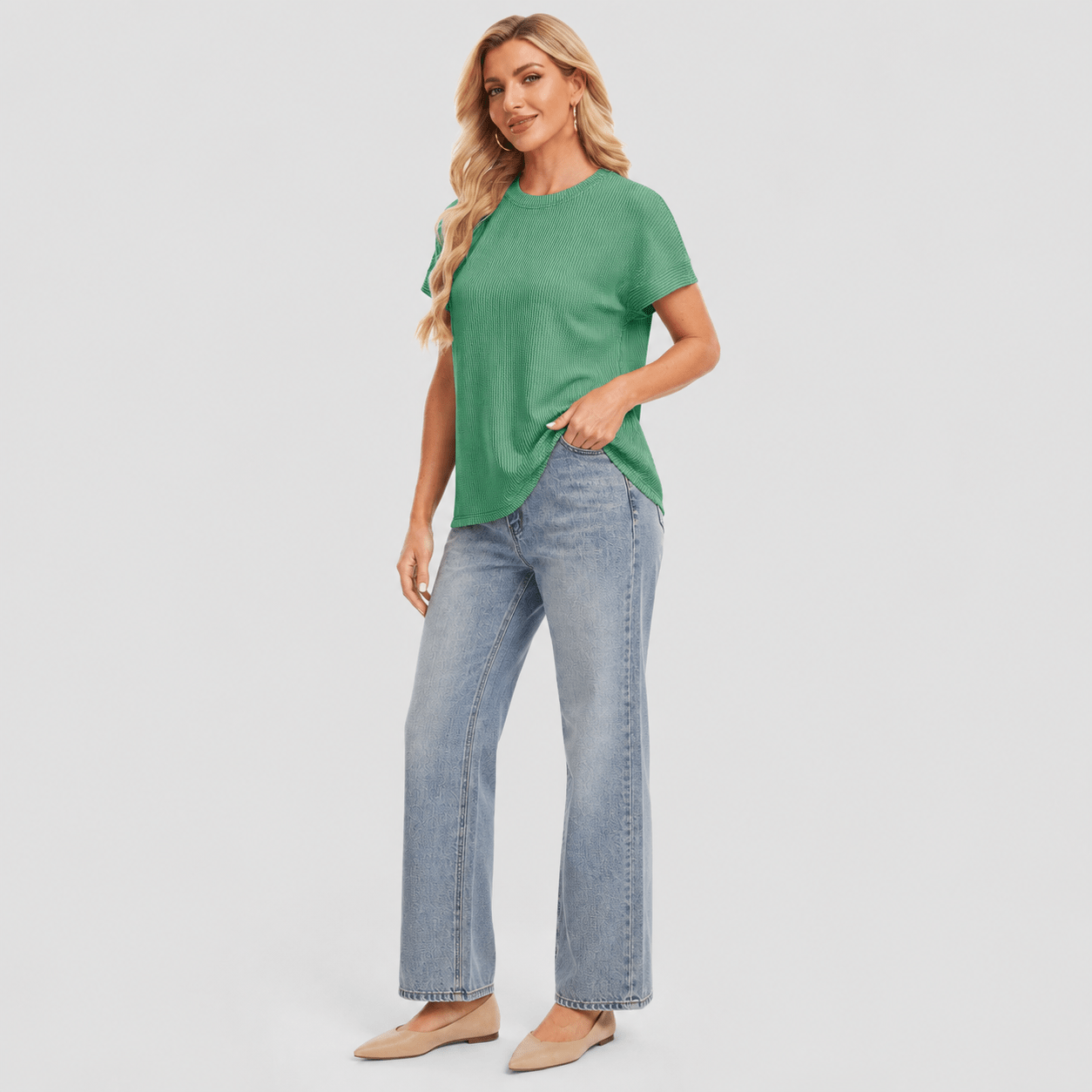 Women's Textured Short Sleeve Top - Lightweight Everyday Tee Green by MAGCOMSEN