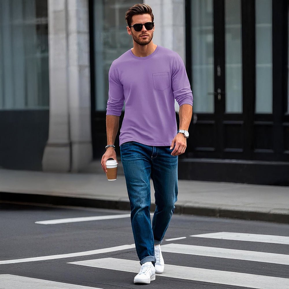 Light Purple Men's Basic Long Sleeve Shirt Casual Lightweight T-Shirt - MAGCOMSEN