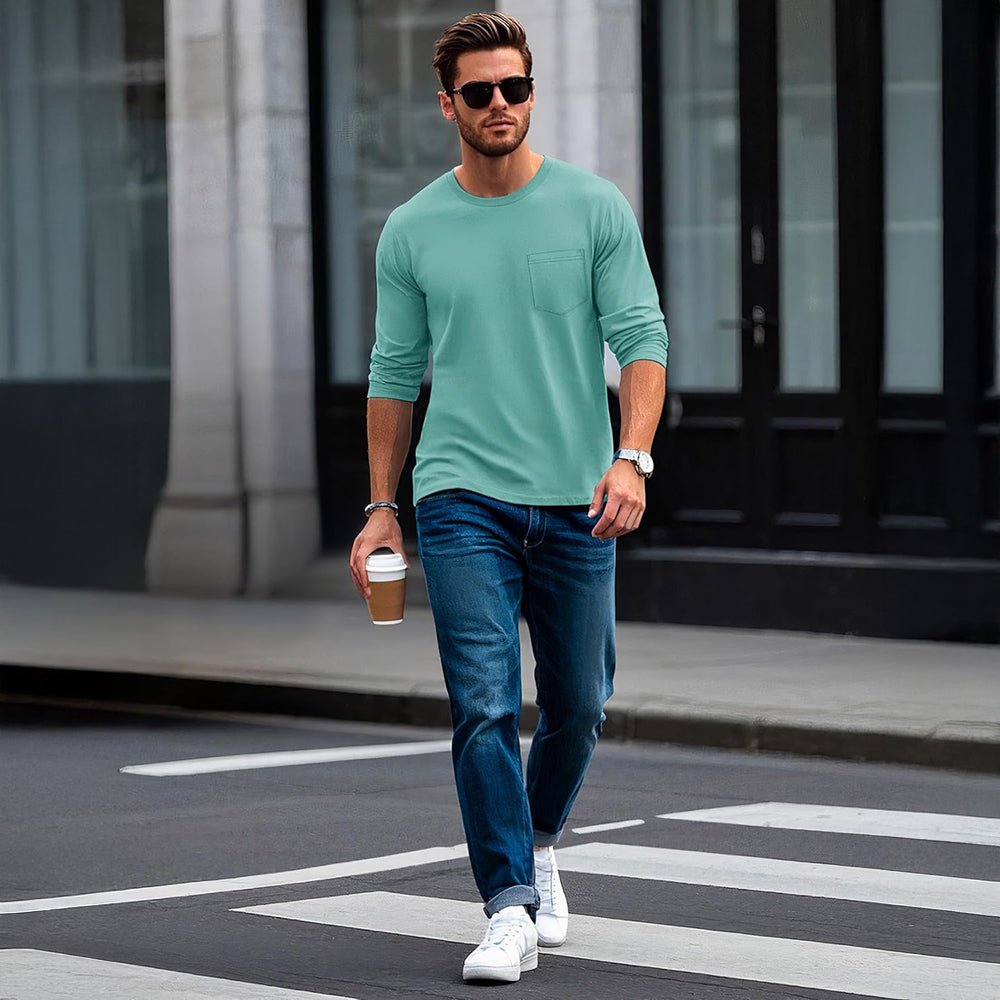 Grey Green Men's Basic Long Sleeve Shirt Casual Lightweight T-Shirt - MAGCOMSEN