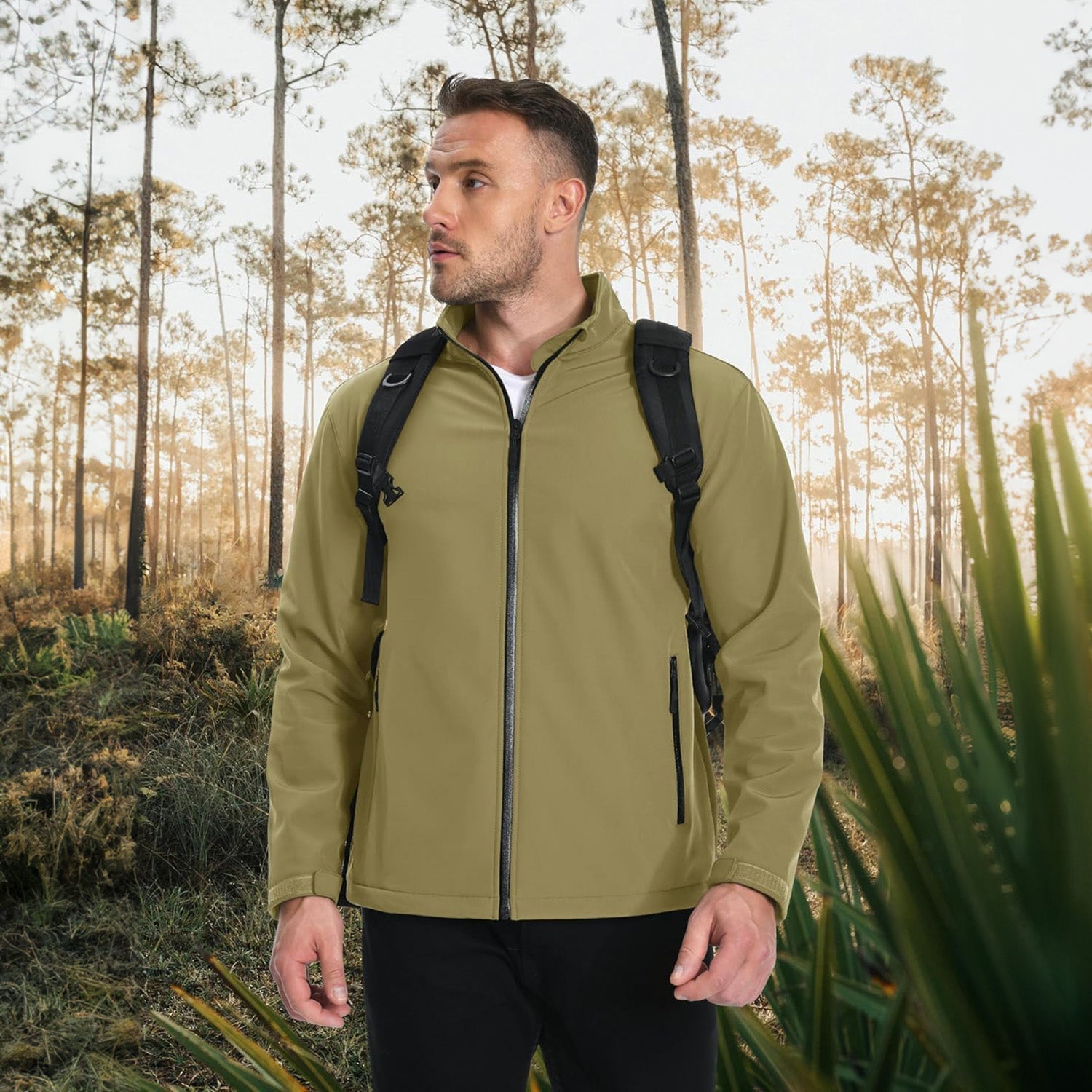 Khaki Men's Fleece-Lined Softshell Jacket, Waterproof & Windproof - MAGCOMSEN