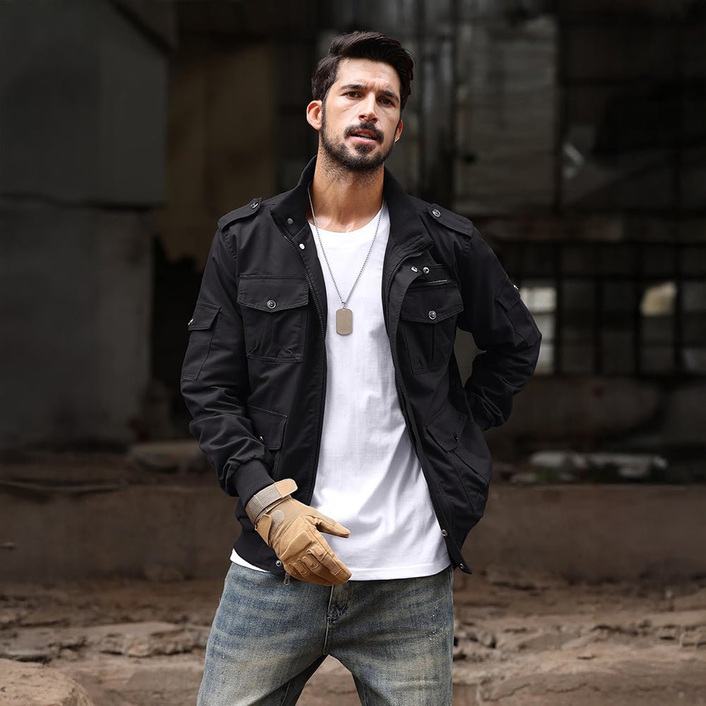 Black Men's Tactical Cargo Jackets Stand Collar Cotton Casual Jacket - MAGCOMSEN