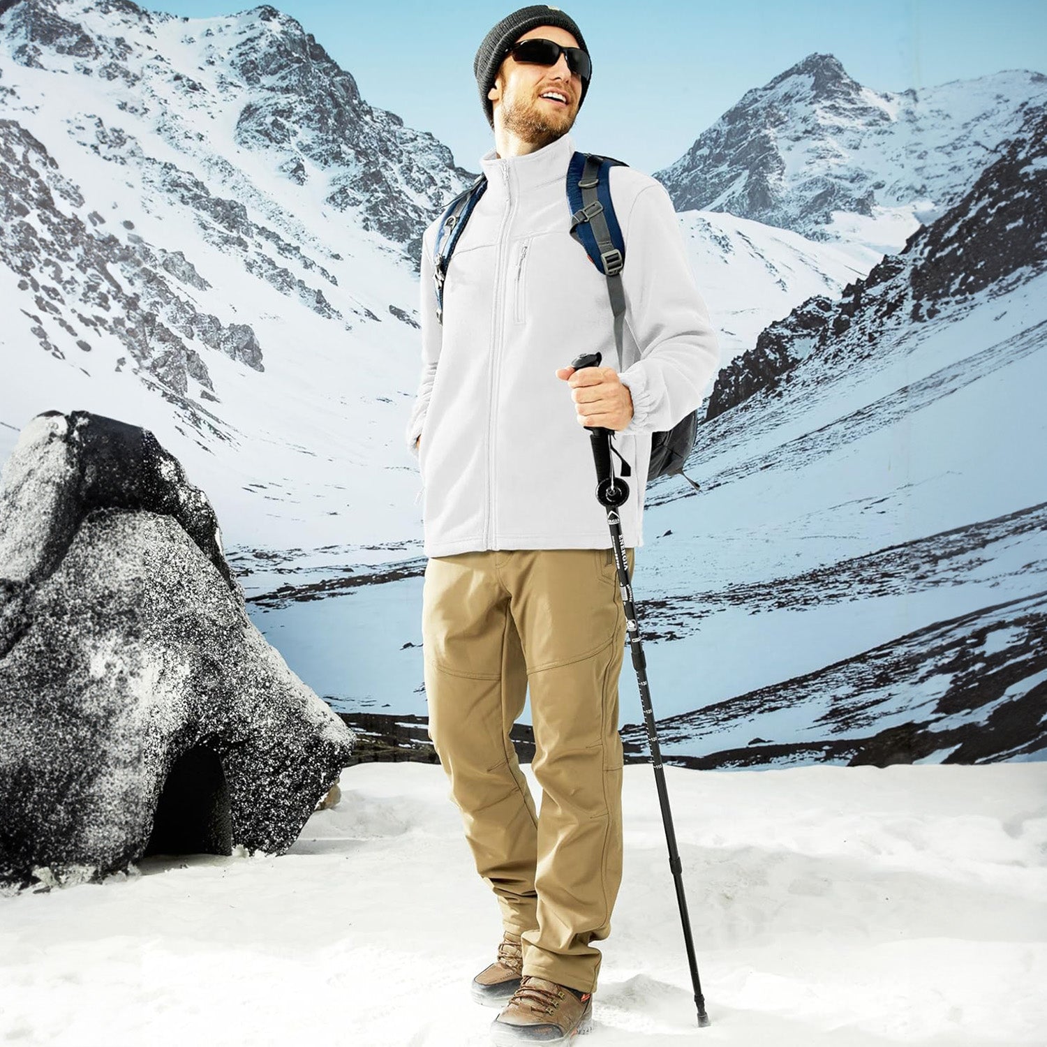 White Men's Winter Fleece Jacket with 3 Pockets for Hiking & Outdoor