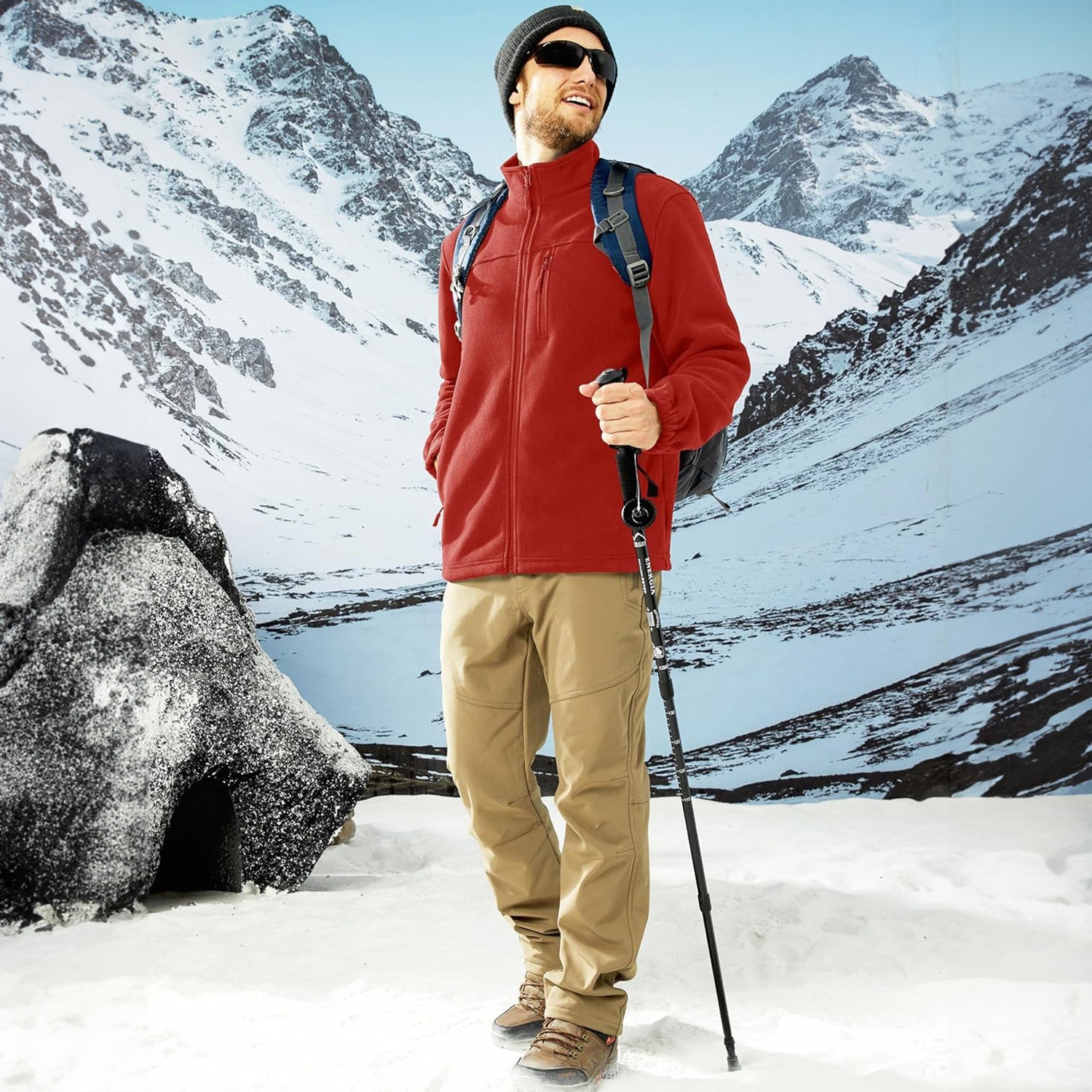 Red Men's Winter Fleece Jacket with 3 Pockets for Hiking & Outdoor