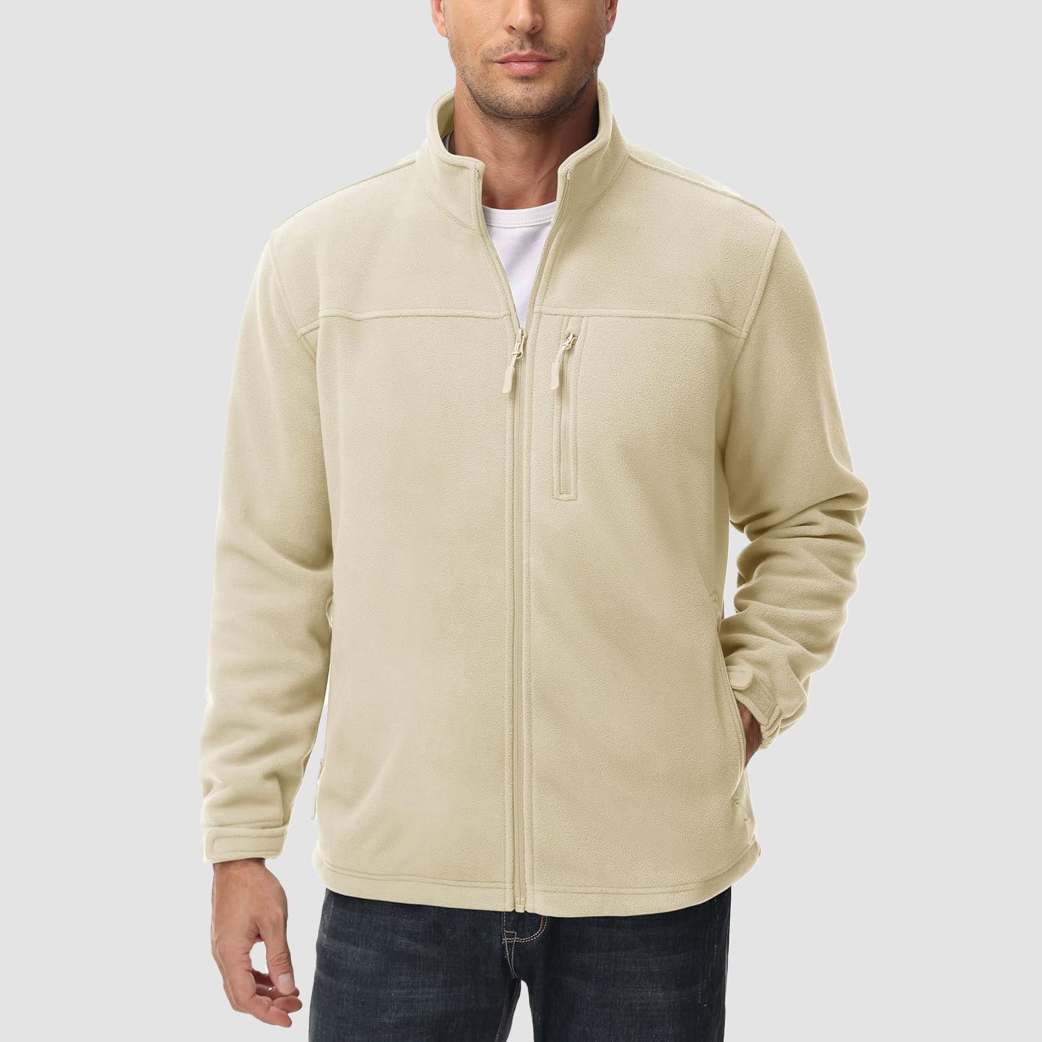 Beige Men's Winter Fleece Jacket with 3 Pockets for Hiking & Outdoor
