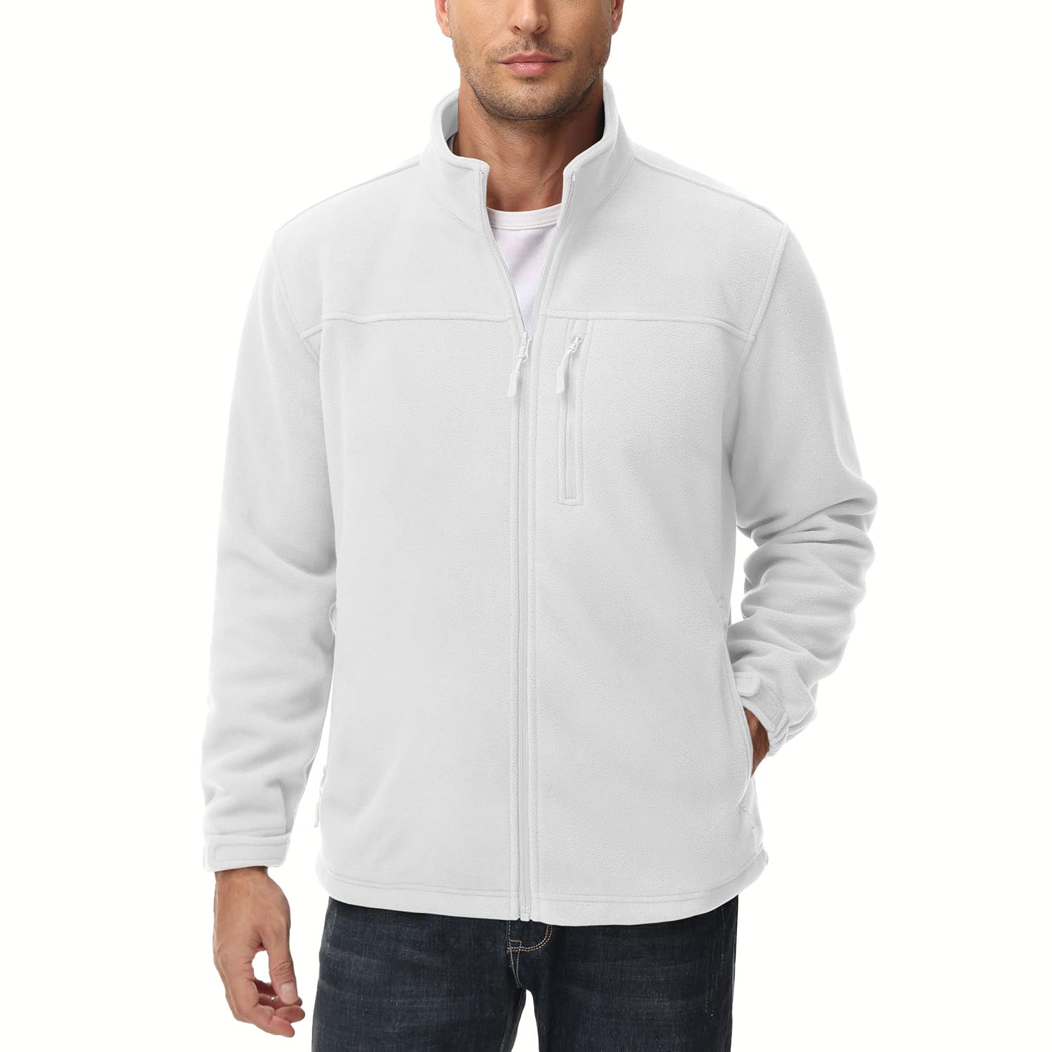 White Men's Winter Fleece Jacket with 3 Pockets for Hiking & Outdoor