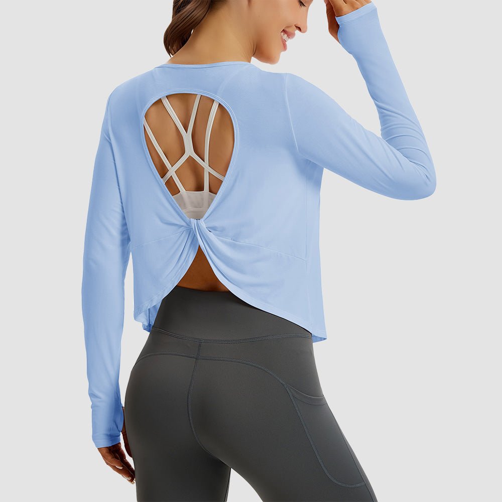 Pale Blue Open Back Workout Tops - MAGCOMSEN
