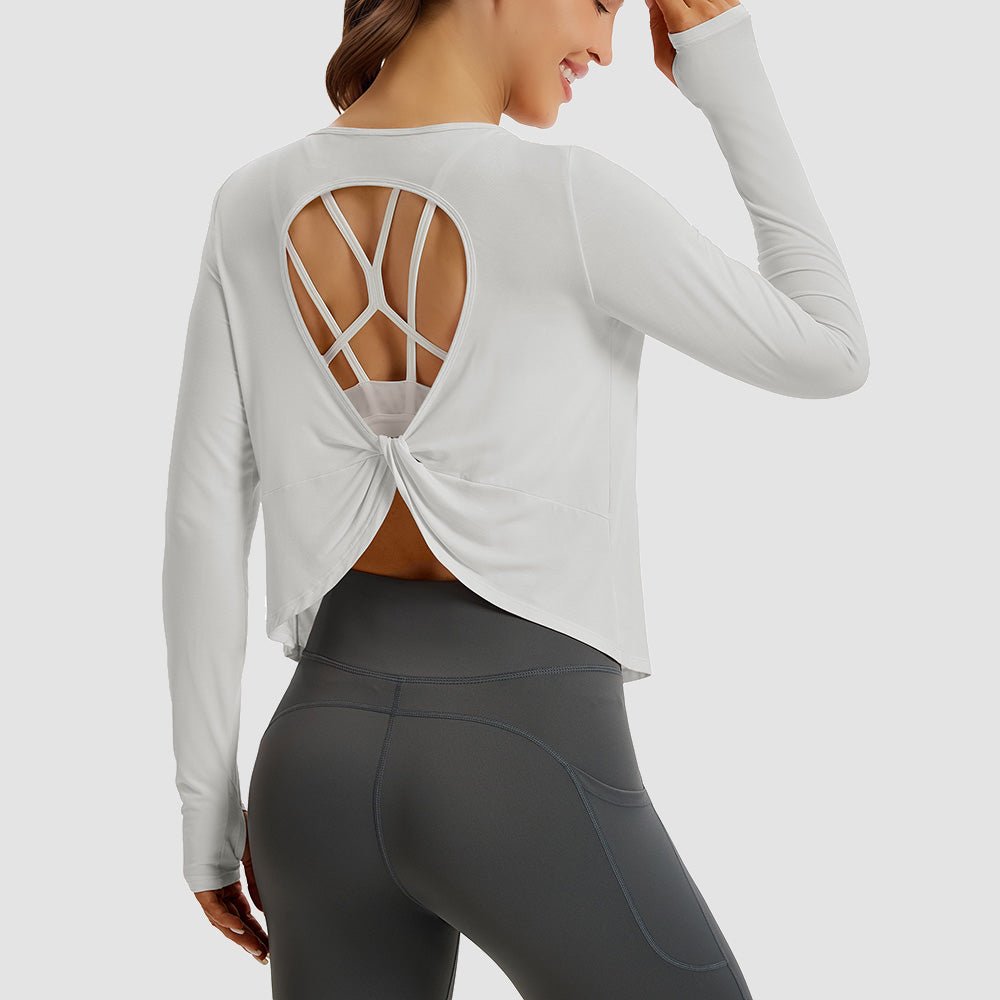 Light Grey Open Back Workout Tops - MAGCOMSEN