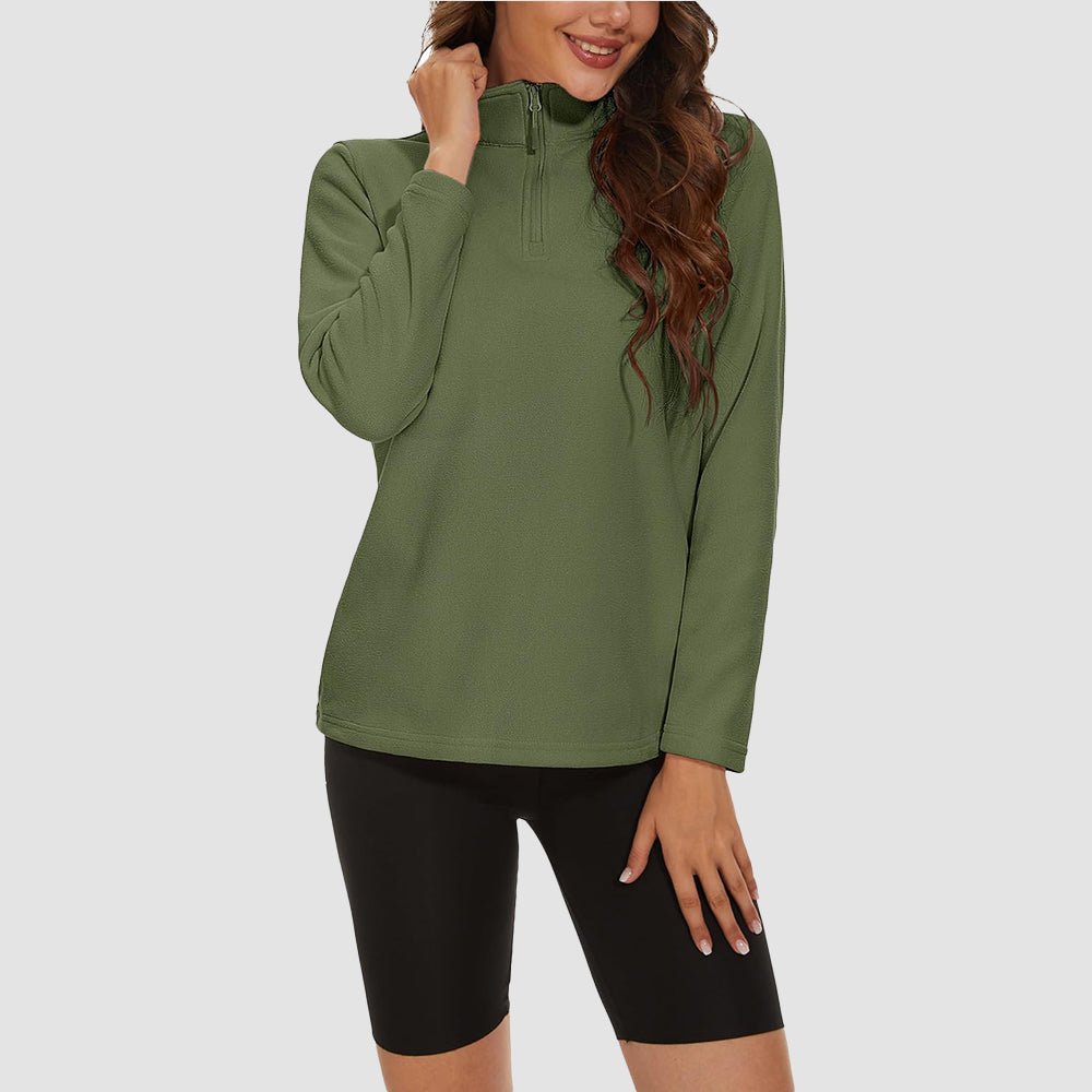 Army Green Women's 1/4 Zip Fleece Pullover - Stretchy & Warm - MAGCOMSEN