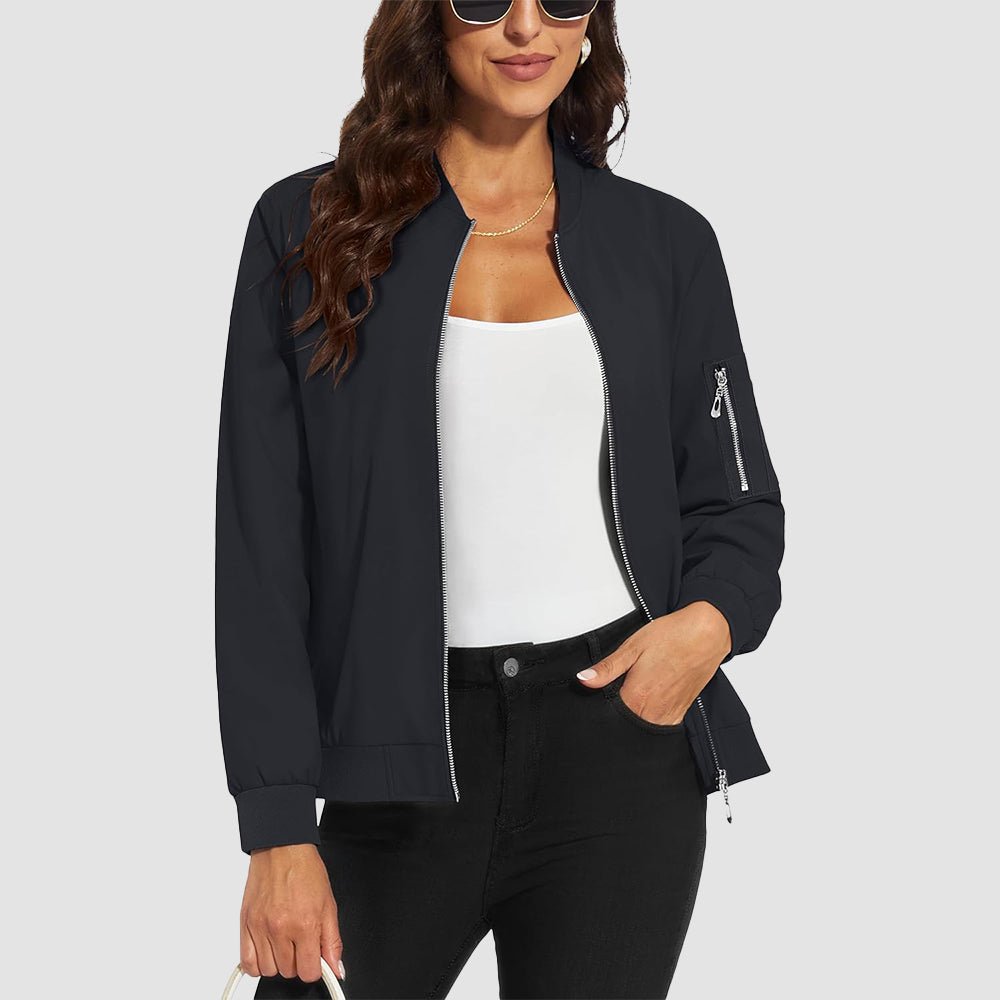 Black Women's Bomber Jacket with 3 Pockets Spring Windbreaker - MAGCOMSEN