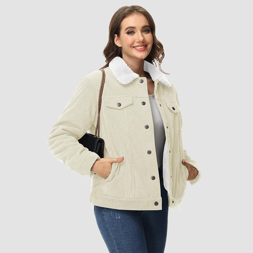 White Women's Corduroy Jacket Sherpa Lined Warm Winter Coat - MAGCOMSEN