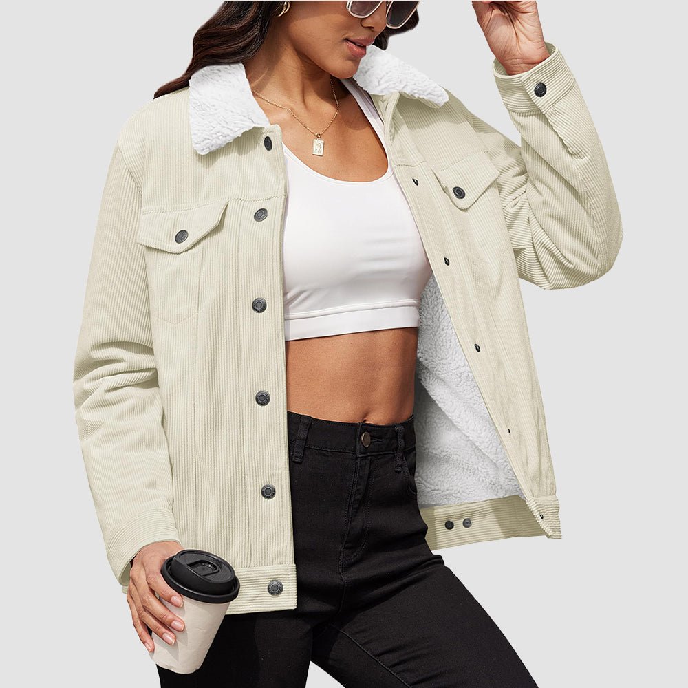 White Women's Corduroy Jacket Sherpa Lined Warm Winter Coat - MAGCOMSEN