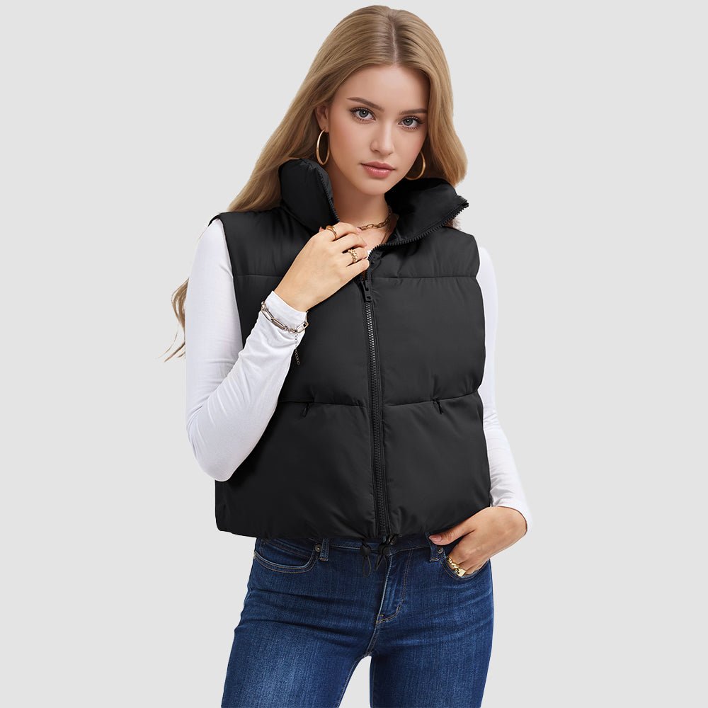 Black Women's Cropped Puffer Vest Lightweight Winter Outerwear - MAGCOMSEN