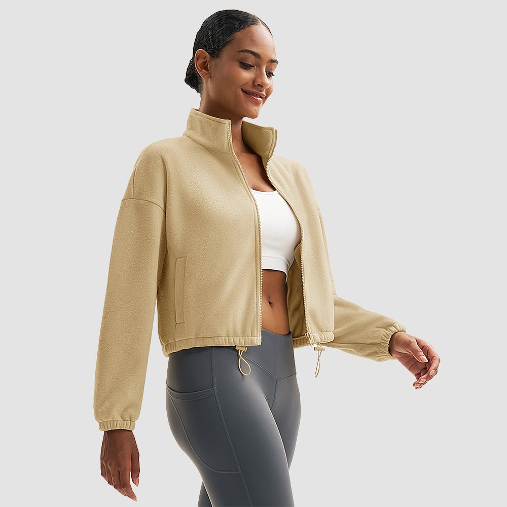Light Khaki Women's Cropped Sherpa Fleece Jacket - Full Zip Stand Collar Winter Coat - MAGCOMSEN#Color_Light Khaki