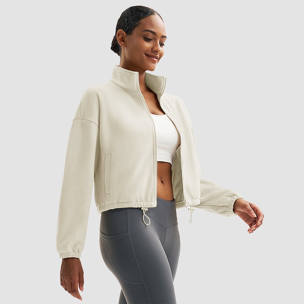 Beige Women's Cropped Sherpa Fleece Jacket - Full Zip Stand Collar Winter Coat - MAGCOMSEN#Color_Beige