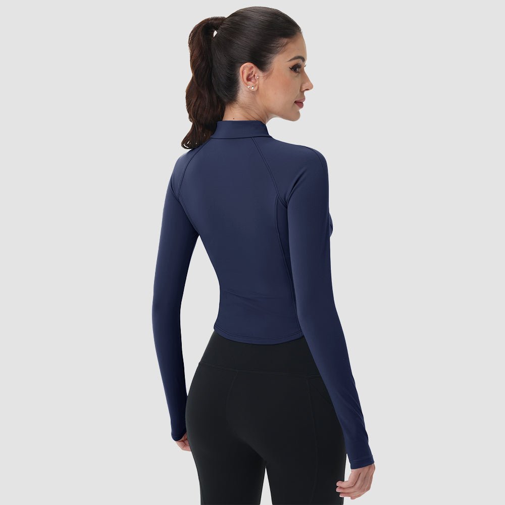 Navy Women's Cropped Zip Up Workout Jacket - Slim Fit Lightweight Yoga Running Top - MAGCOMSEN