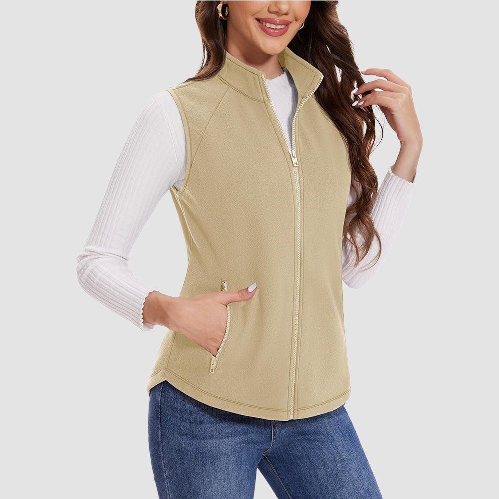 Light Khaki Women's Fleece Vest Sleeveless Lightweight Warmth Jackets - MAGCOMSEN