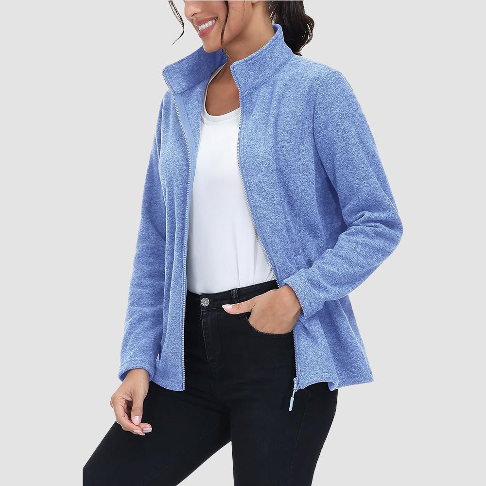 Light Blue Women's Full Zip Fleece Jacket - Zip Pockets, Warm - MAGCOMSEN