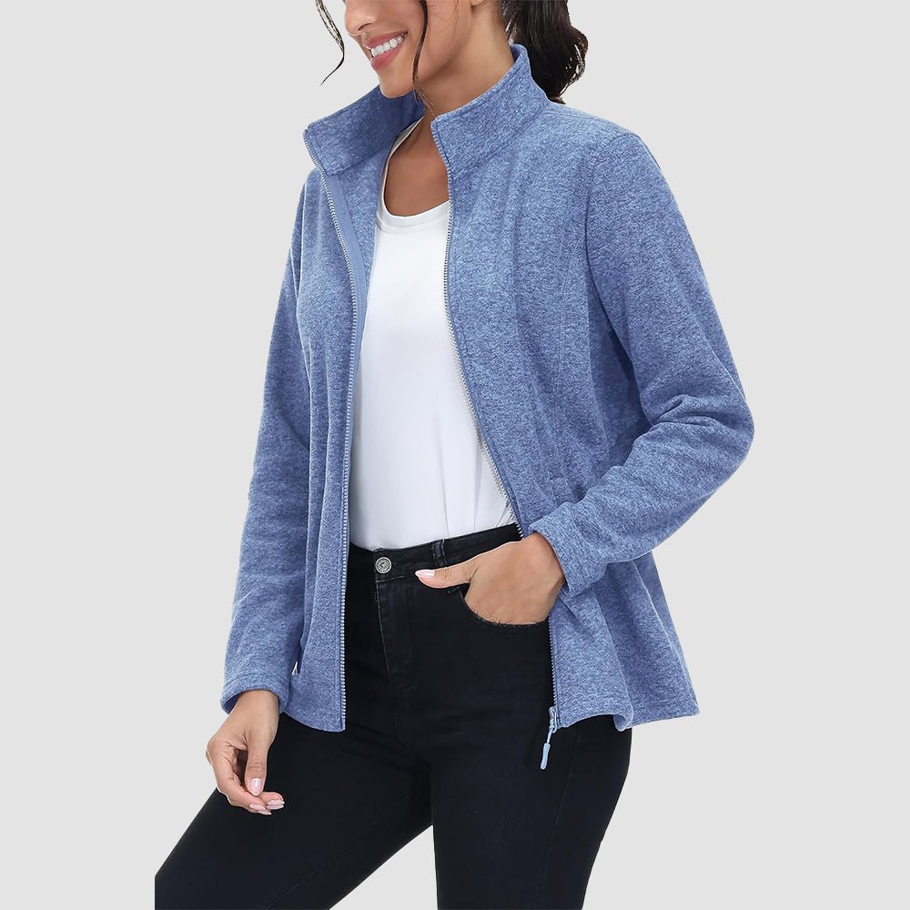 Grey Blue Women's Full Zip Fleece Jacket - Zip Pockets, Warm - MAGCOMSEN