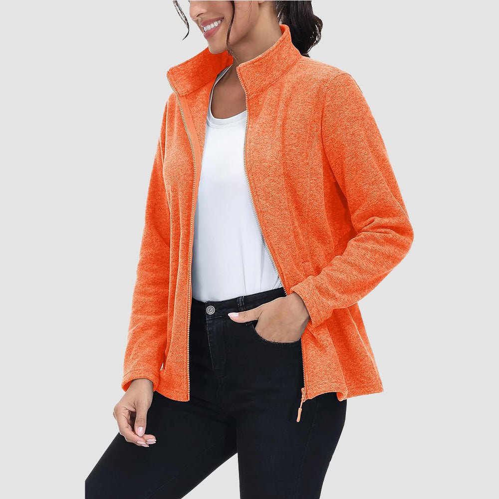 Orange Women's Full Zip Fleece Jacket - Zip Pockets, Warm - MAGCOMSEN