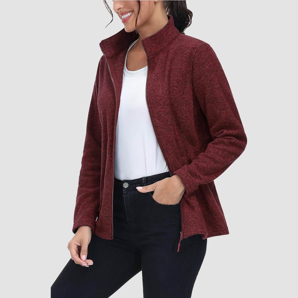 Wine Women's Full Zip Fleece Jacket - Zip Pockets, Warm - MAGCOMSEN