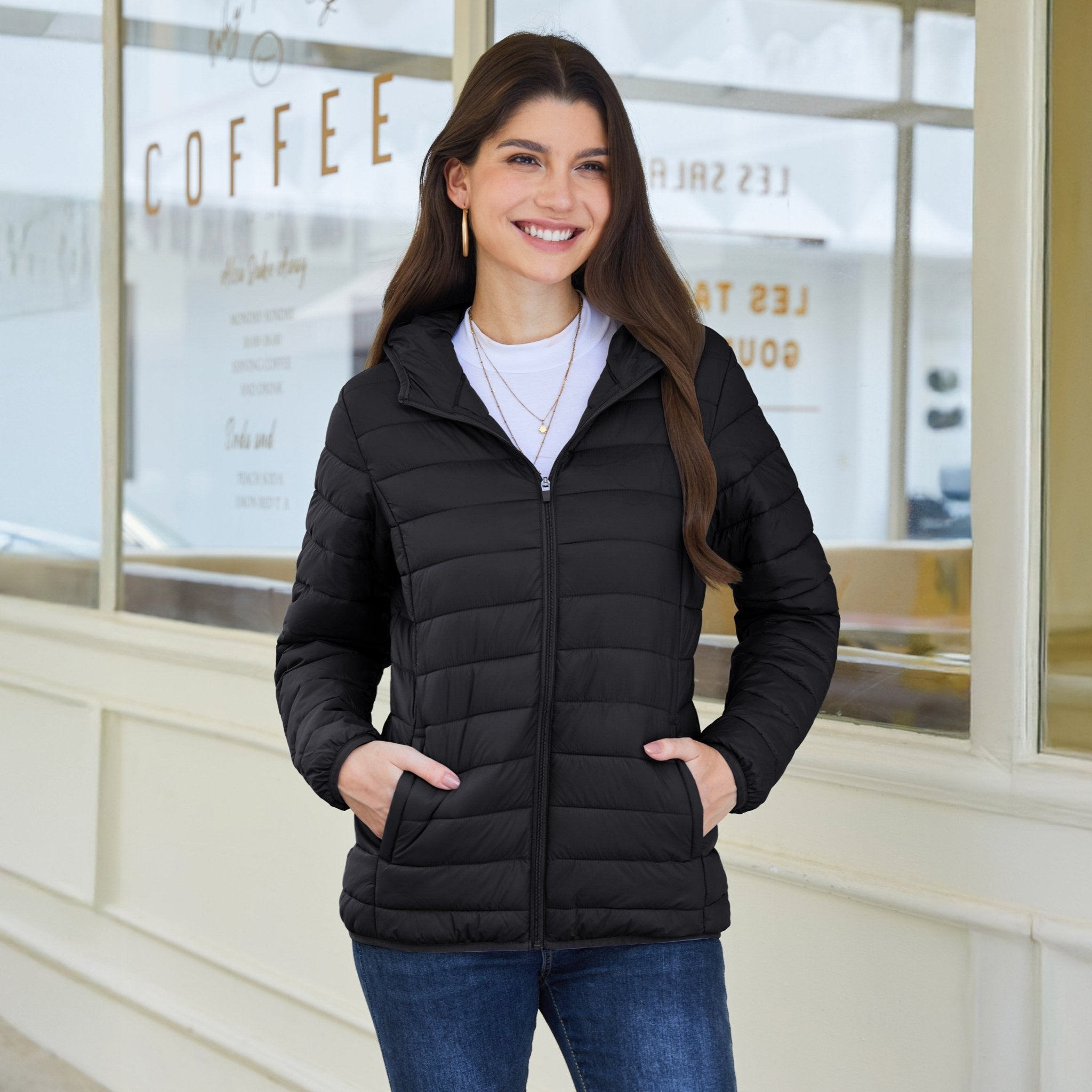 Black Women's Hooded Lightweight Puffer Jacket Full Zip Winter Coat - MAGCOMSEN