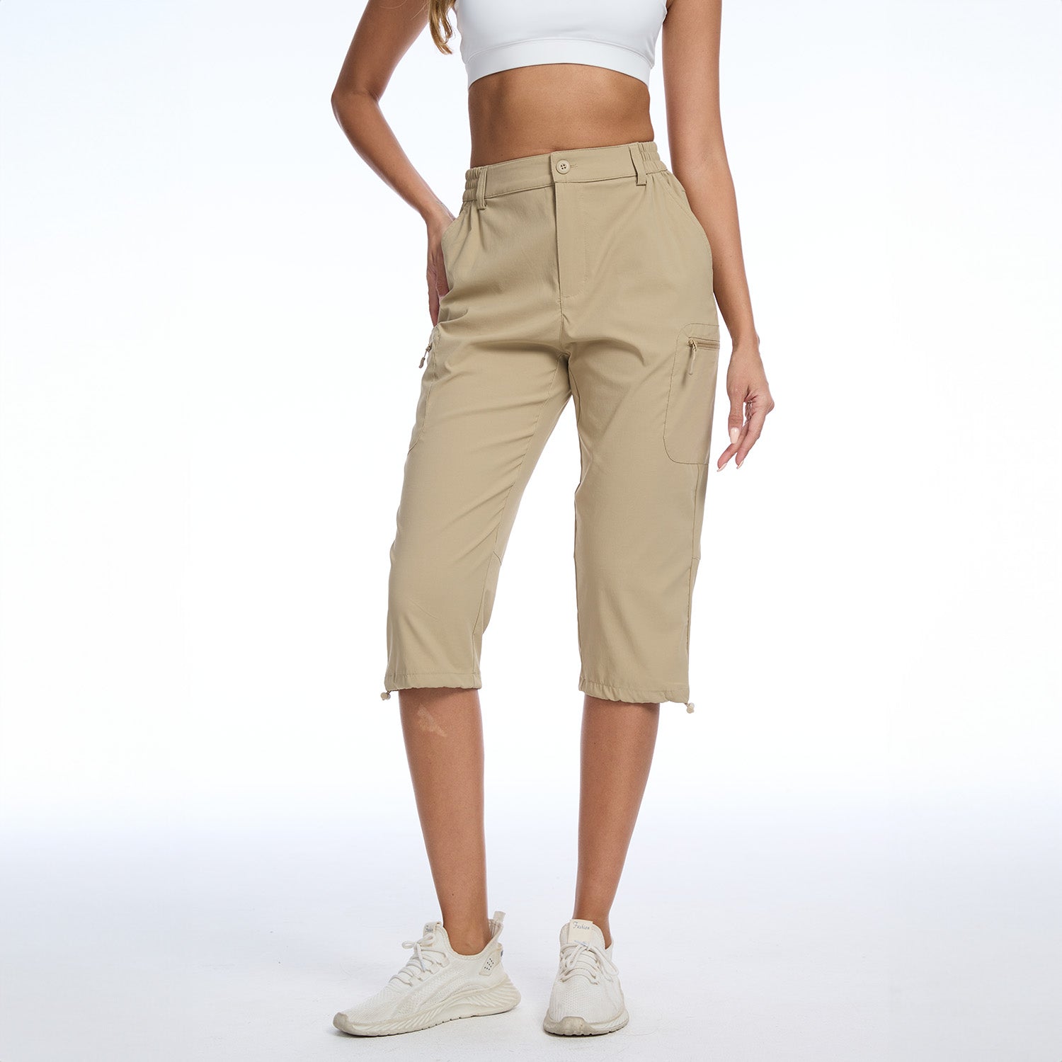 Khaki Women's Lightweight Water-Resistant Hiking Capris with 5 Pockets - MAGCOMSEN