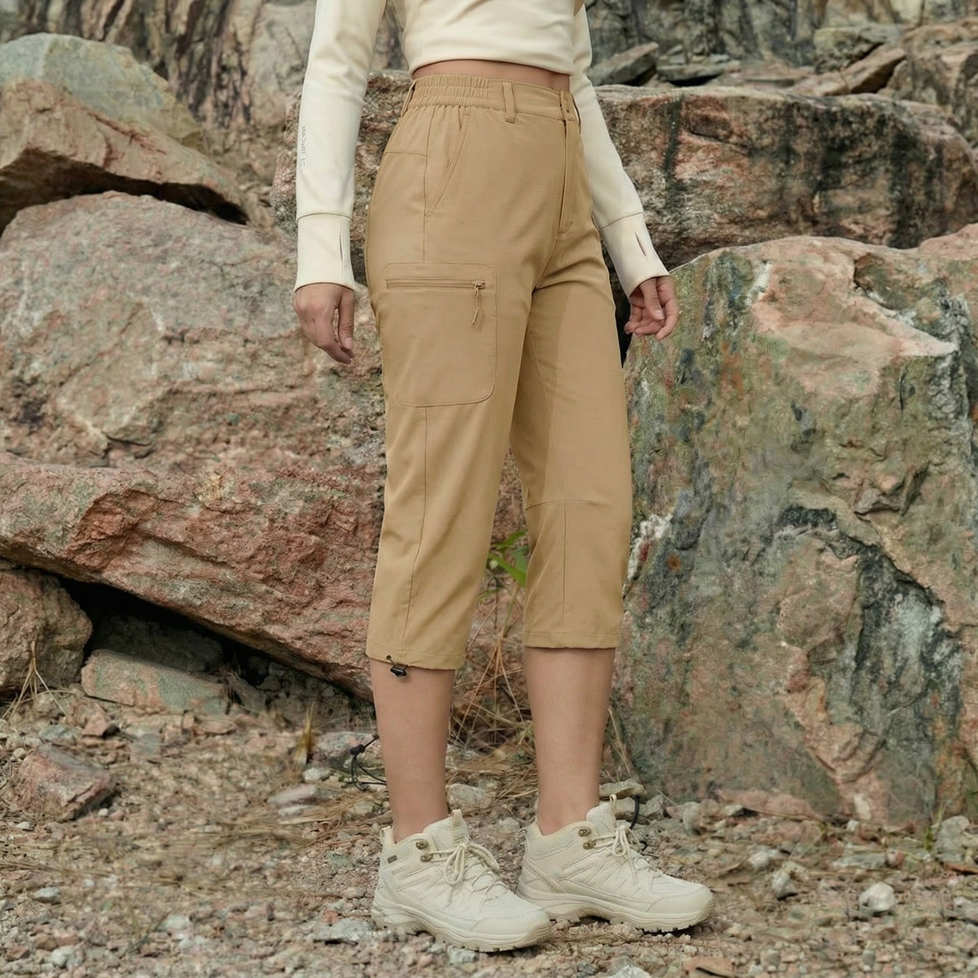 Women's Lightweight Water-Resistant Hiking Capris with 5 Pockets Light Grey by MAGCOMSEN #Color_Khaki