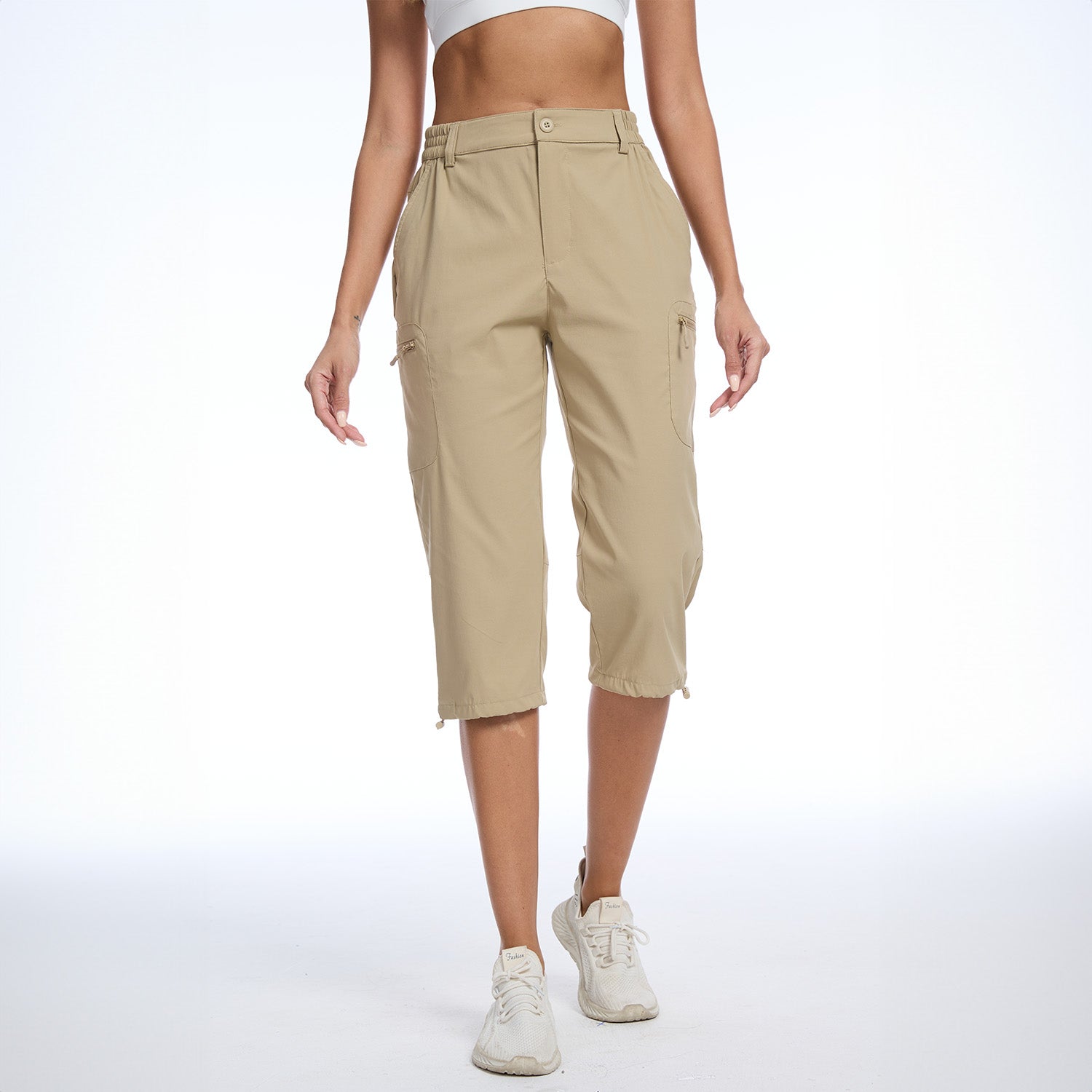 Khaki Women's Lightweight Water-Resistant Hiking Capris with 5 Pockets - MAGCOMSEN