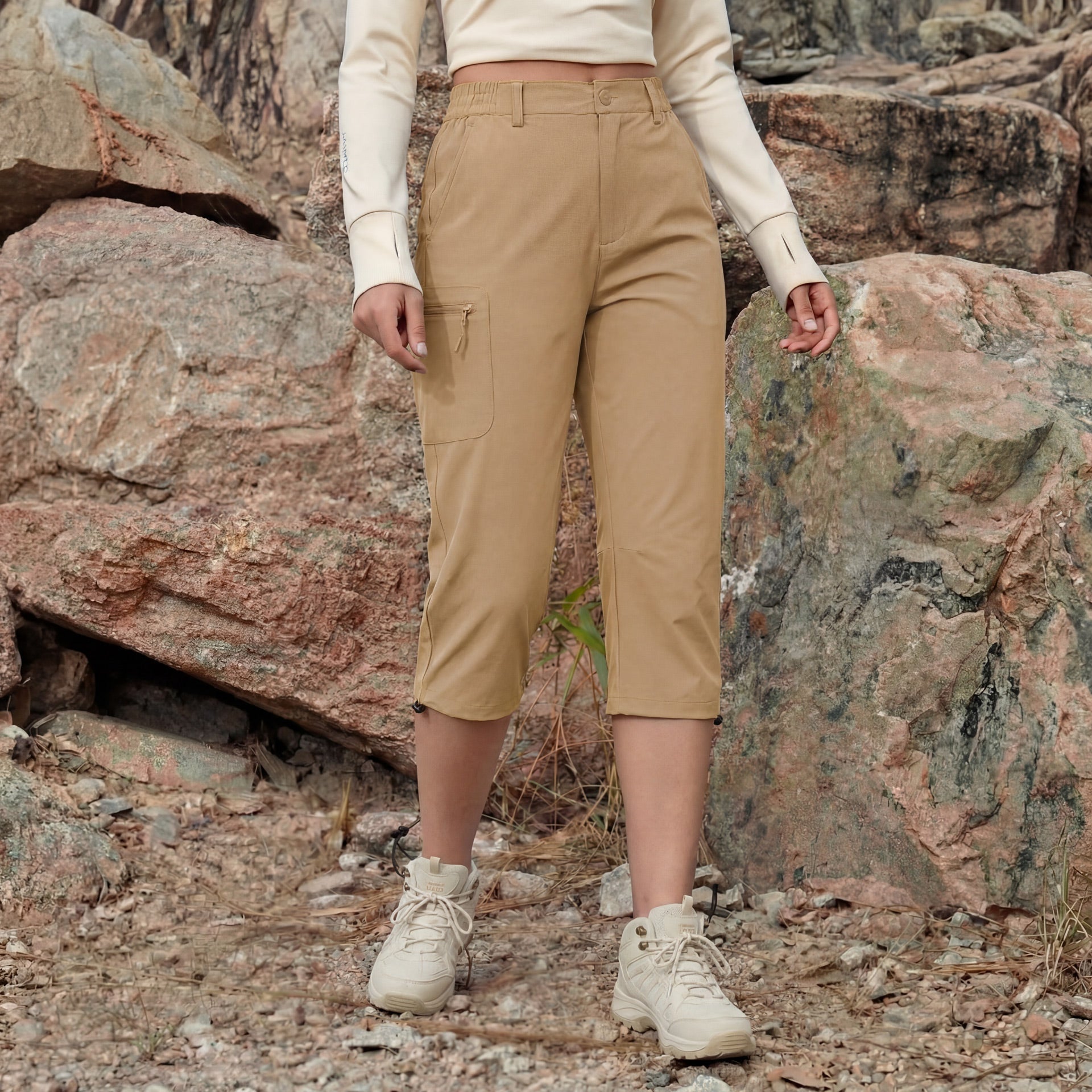 Women's Lightweight Water-Resistant Hiking Capris with 5 Pockets Light Grey by MAGCOMSEN #Color_Khaki