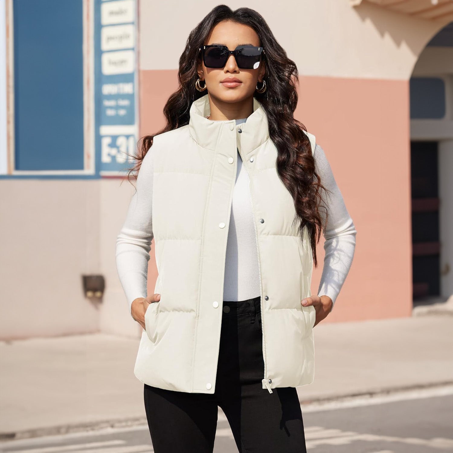Beige Women's Oversized Puffer Vest - MAGCOMSEN