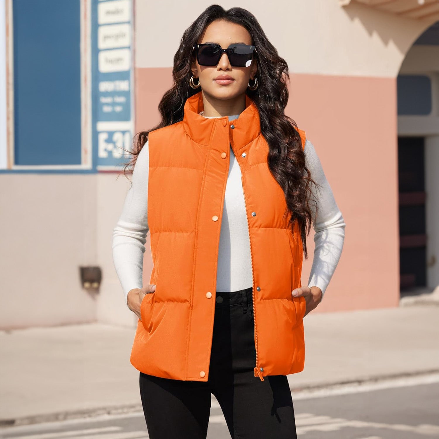 Orange Women's Oversized Puffer Vest - MAGCOMSEN