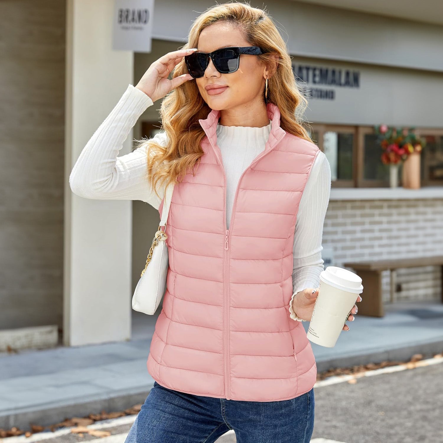Pink Women's Lightweight Puffer Vest with 4 Pockets & Stand Collar - MAGCOMSEN