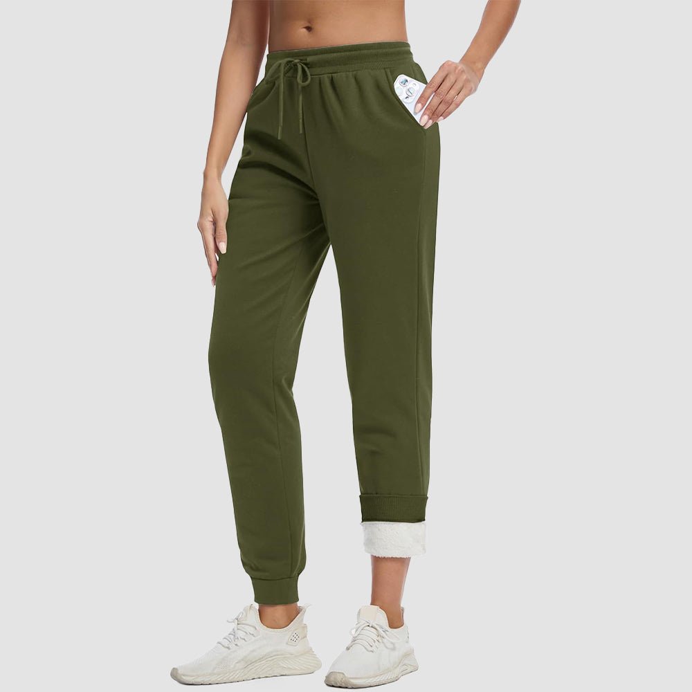 Army Green Women's Sherpa Lined Sweatpants Warm Fleece Winter Joggers - MAGCOMSEN