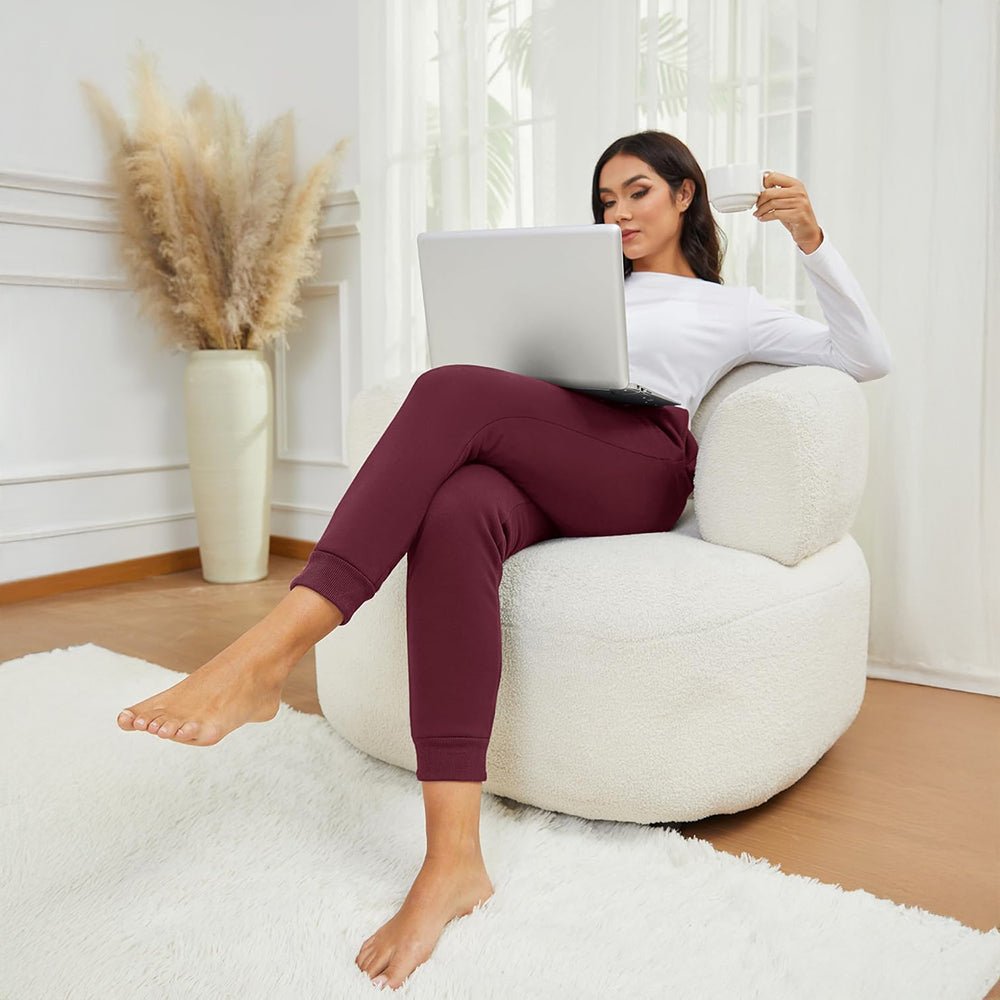 Burgundy Women's Sherpa Lined Sweatpants Warm Fleece Winter Joggers - MAGCOMSEN