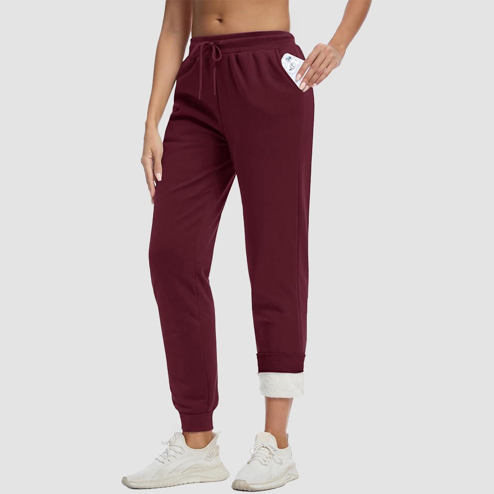 Burgundy Women's Sherpa Lined Sweatpants Warm Fleece Winter Joggers - MAGCOMSEN