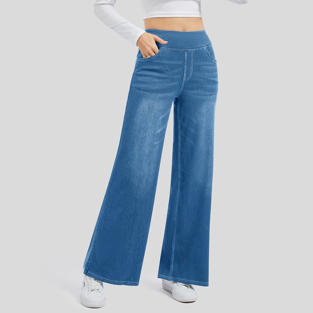 Light Blue Women's Stretchy Wide Leg Jeans Relaxed Fit Elastic Waist Pants - MAGCOMSEN