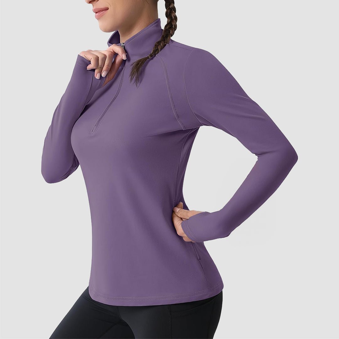 Dark Purple Women's Thermal Quarter Zip Athletic Running Shirt - MAGCOMSEN