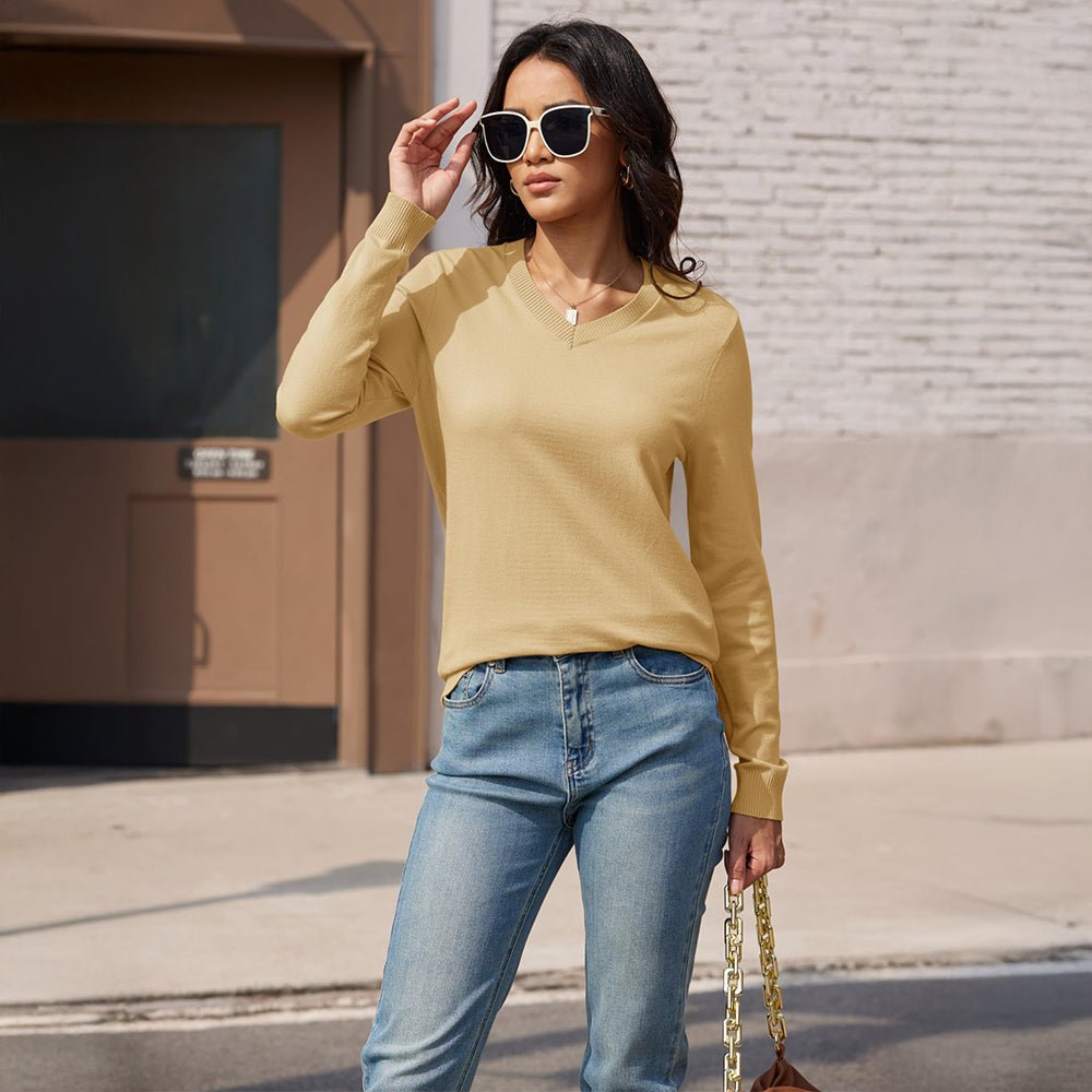 Apricot Women's V Neck Casual Knit Long Sleeve Sweater - MAGCOMSEN