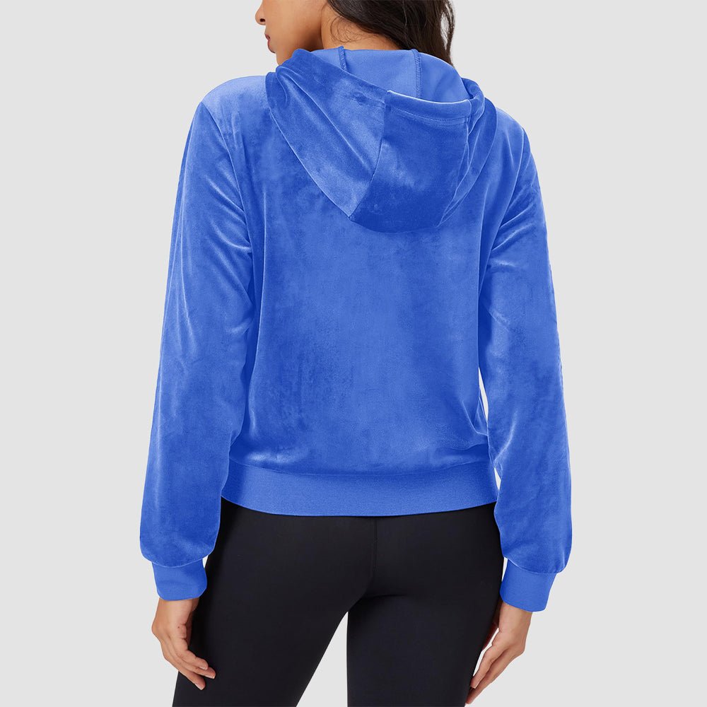 Sea Blue Women's Velvet Crop Hoodie Jacket with Zip Pockets - MAGCOMSEN