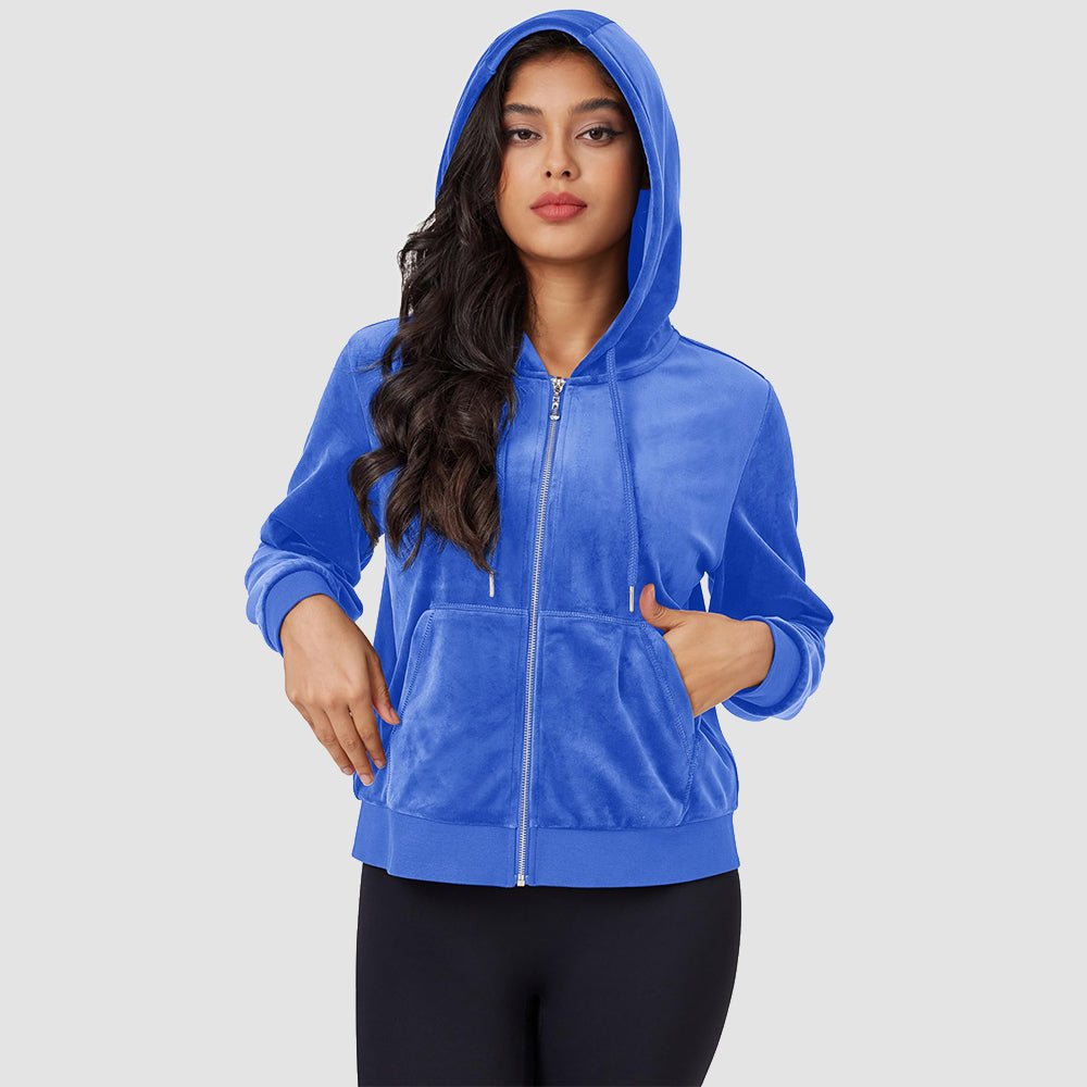 Sea Blue Women's Velvet Crop Hoodie Jacket with Zip Pockets - MAGCOMSEN